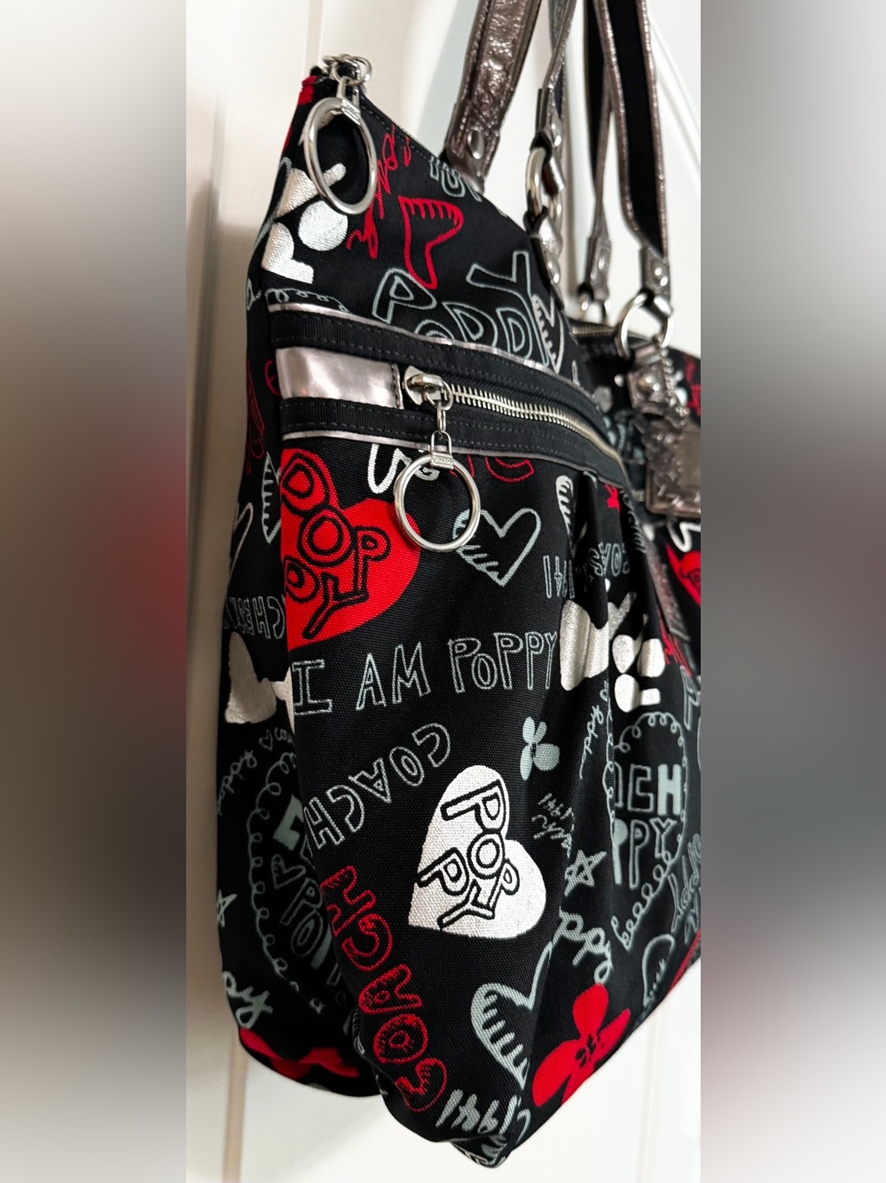 Coach Poppy 2010 Graffiti Glam Tote Shoulder Bag Black Red Silver Style 13852 - Picture 10 of 16